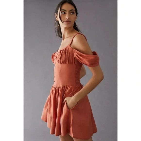 Anthropologie Off-The-Shoulder Linen Mini Dress Size Medium - Picture 3 of 16